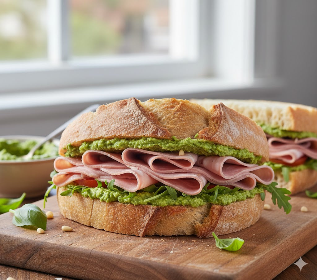 Basil Pesto Hummus & Mortadella Sandwich