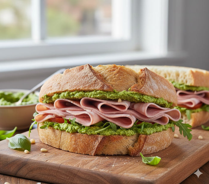 Basil Pesto Hummus & Mortadella Sandwich