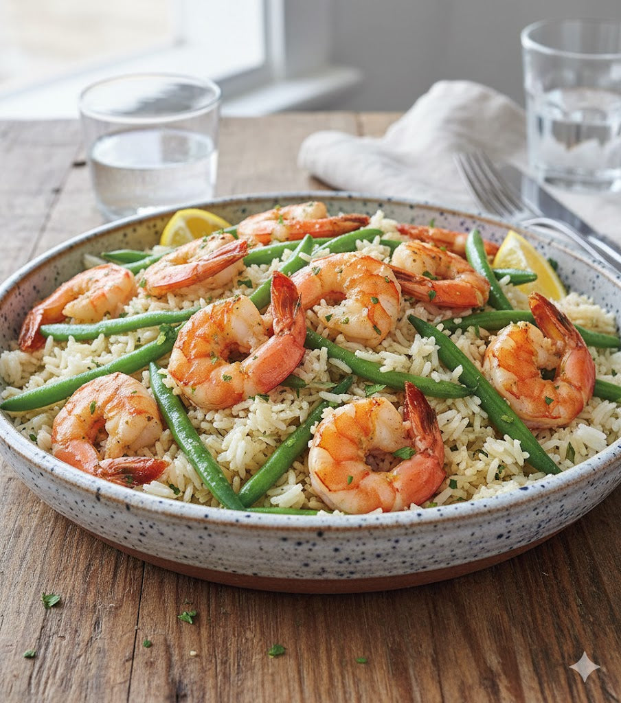 Bowl de arroz con camarones jumbo y judías verdes