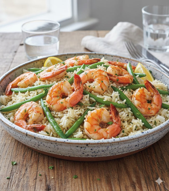 Bowl de arroz con camarones jumbo y judías verdes