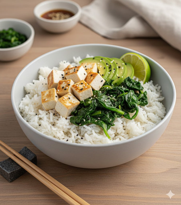 Bowl de arroz con tofu y espinacas