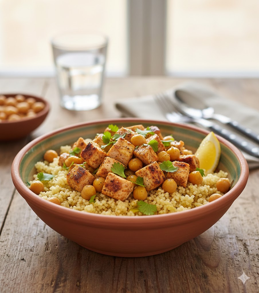 Bowl de cuscús con pollo y garbanzos