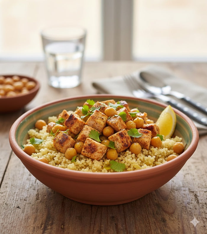 Bowl de cuscús con pollo y garbanzos