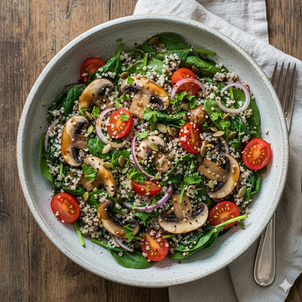 Bowl de espinacas, champiñones y quinoa
