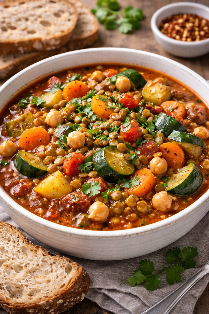 Estofado de vegetales, lentejas y garbanzos