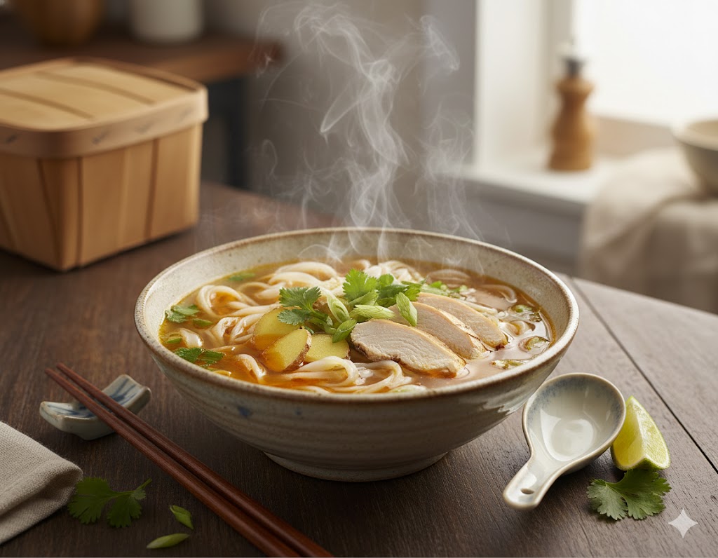 Sopa de fideos de pollo con sabor a jengibre