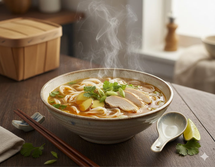 Sopa de fideos de pollo con sabor a jengibre