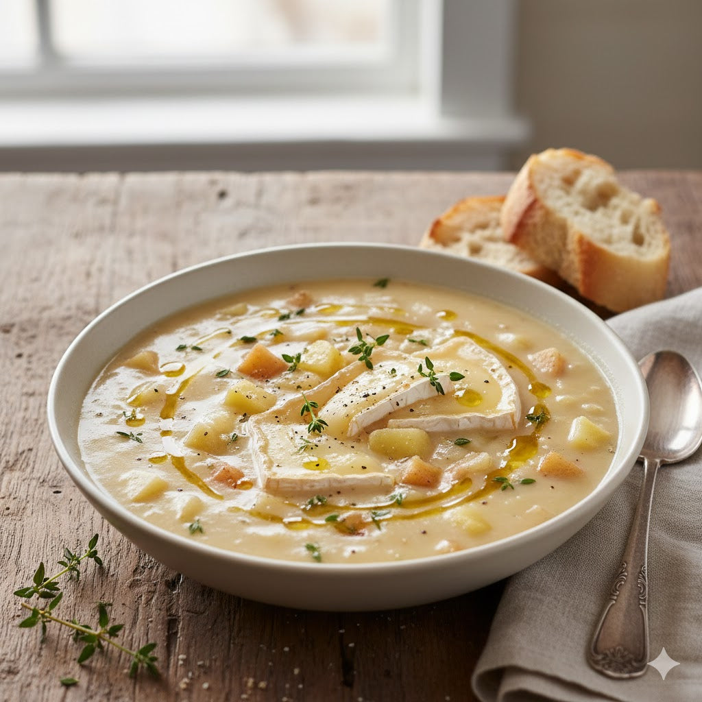 Sopa de papa con manzanas y queso brie
