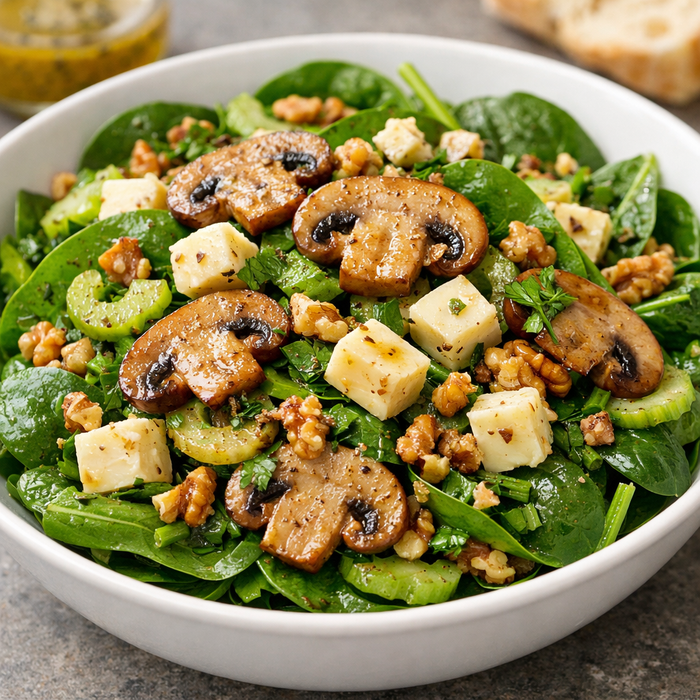 Spinach, Mushroom & Caramelized Onion Jack Cheese Salad